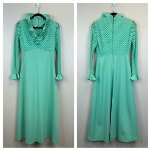 Vintage 70s Seafoam Elegant Green Long Sleeve Dress Womens S/M Retro Psychedelic